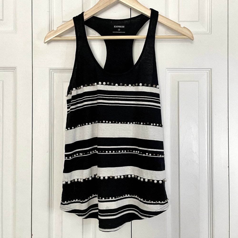 EXPRESS | black & white striped tank top w/ beaded jewel detail - size small